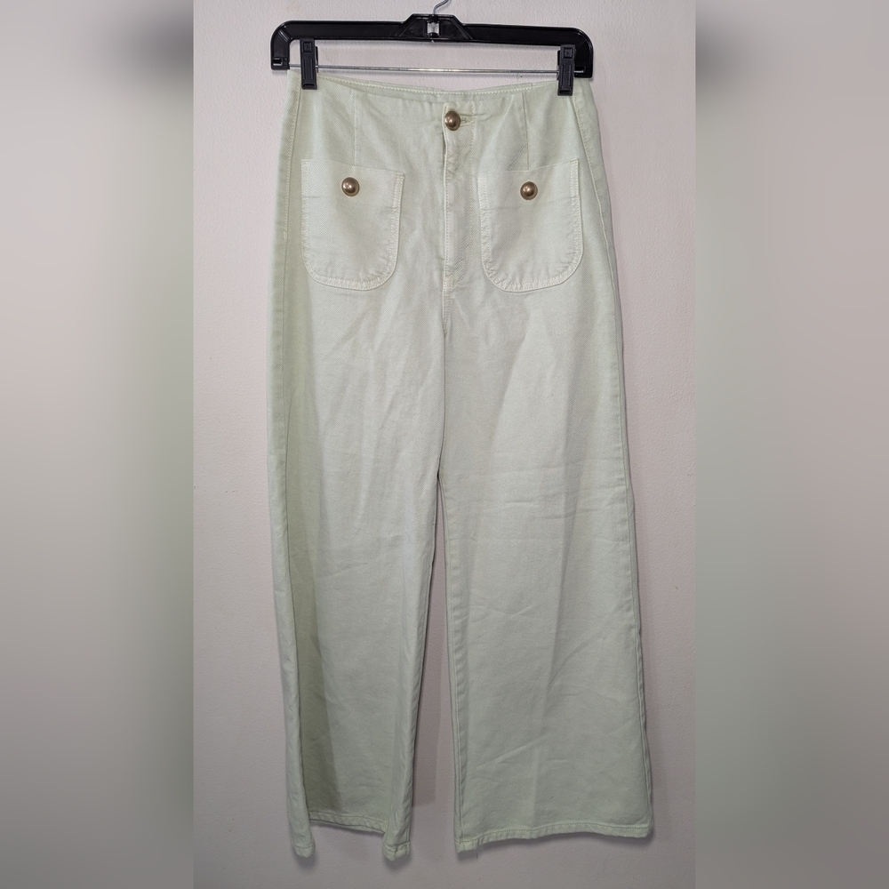 Zara Marine Wide Leg Cropped Jeans Mint Green Gold Buttons Women's Size 2
